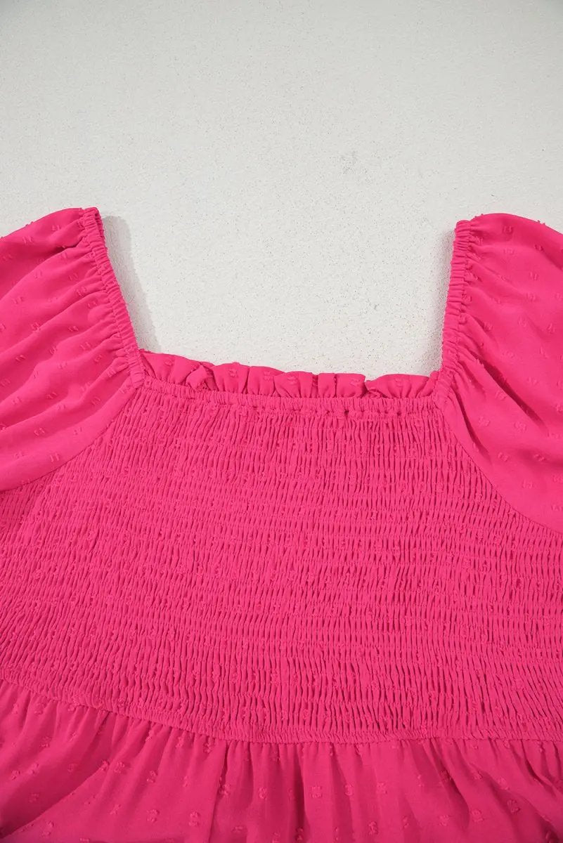 Sachet Pink Swiss Dot Smocked Frilled Neckline Plus Size Dress - Love Salve